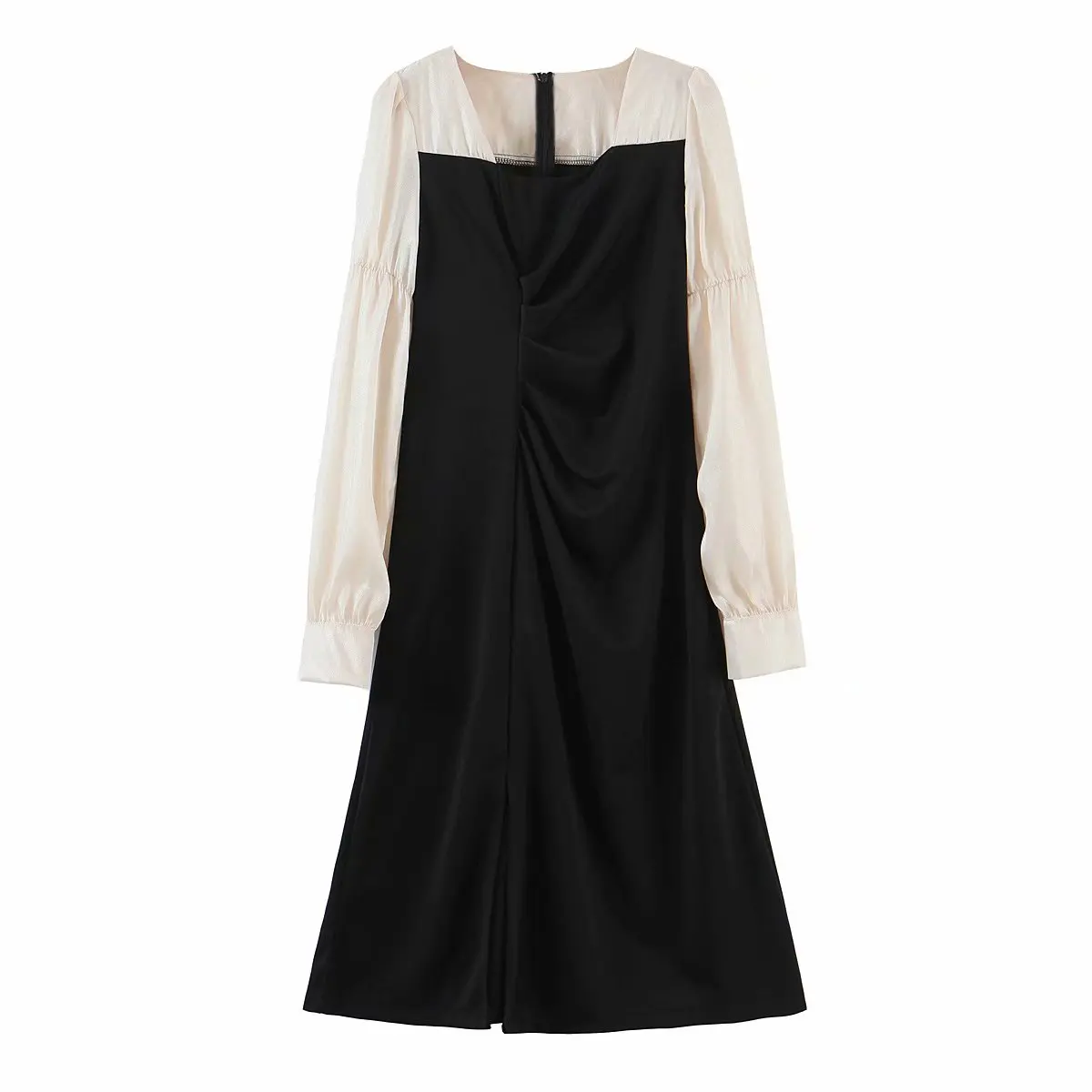 

Vintage Square Collar Long Sleeves Slim Waist Women Dress Fashion Sexy Stitching Puff Sleeves Chic Female Mini Dresses