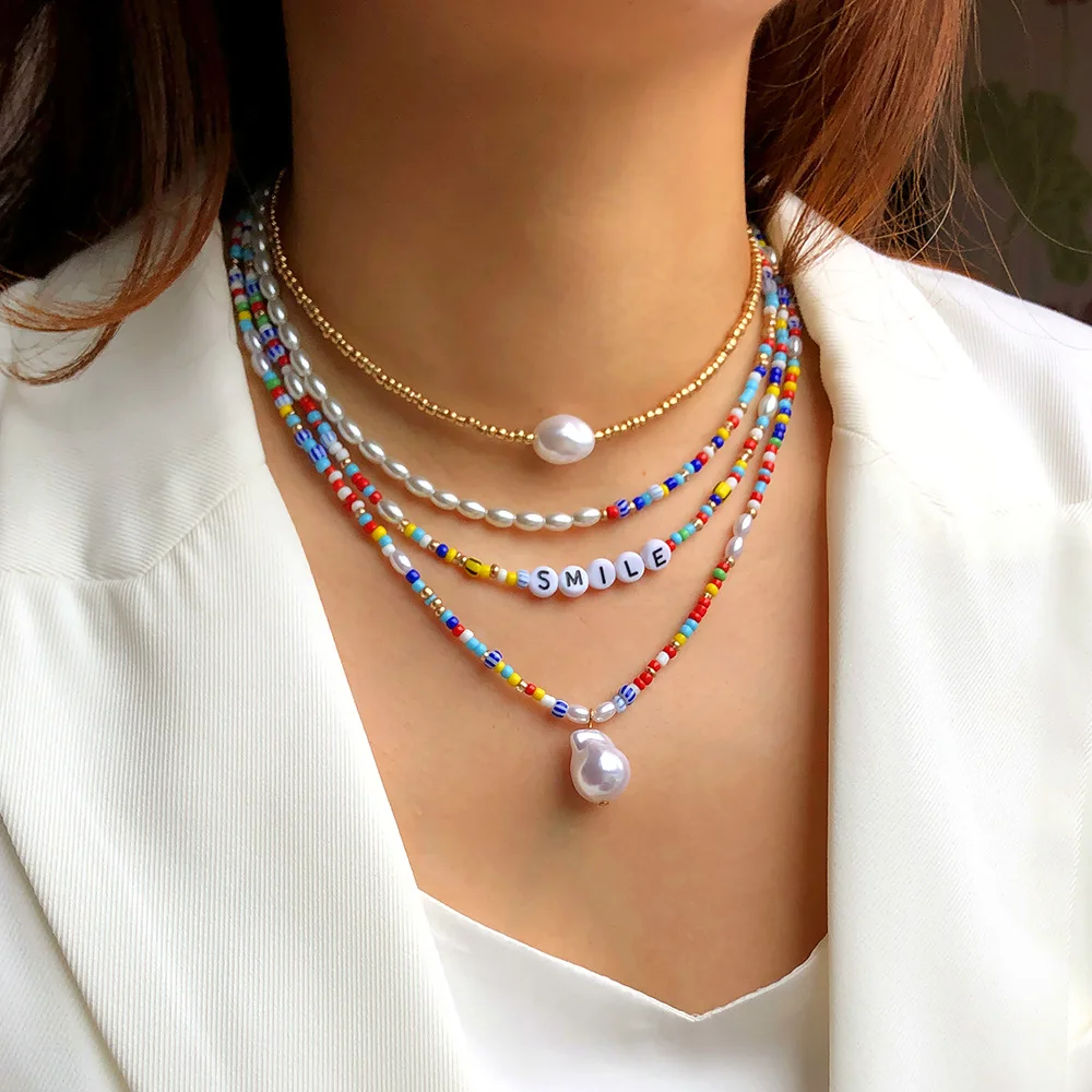 Bohemian Irregular Smile Beaded Pearl Necklace for Women Colorful Round Eye Beads Chain Choker Beach Vacation Jewelry | Украшения и