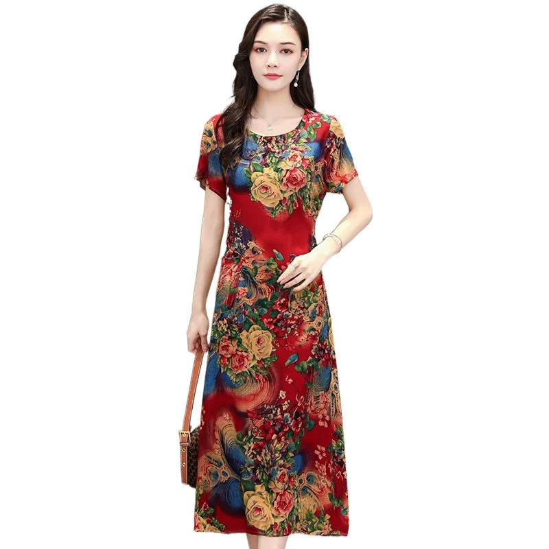 

Summer Women Casual Slub Cotton Print Long Dress Elegant O-Neck Short Sleeve Vintage Dress 2022 New