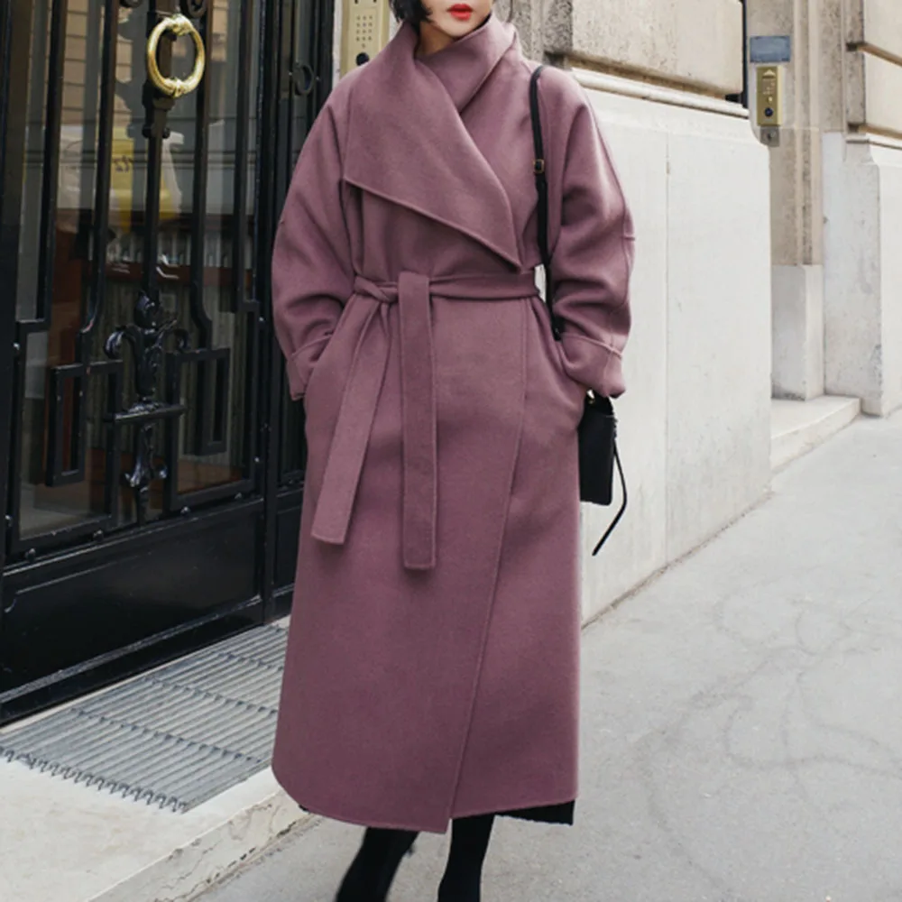 Корейское шерстяное длинное пальто женское осеннее шикарное офисное Camel