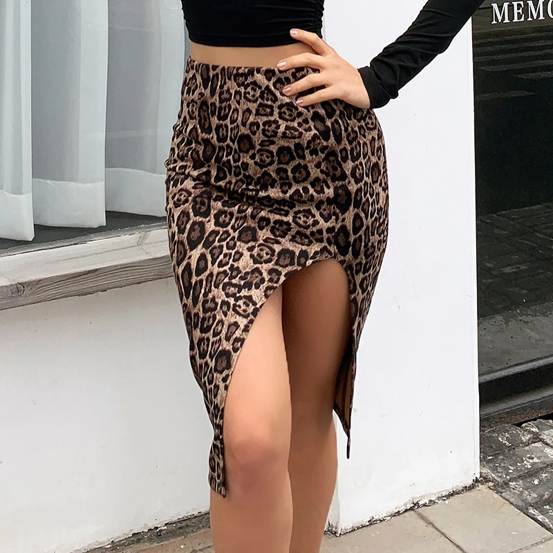 

WOHUADI Women's Clothing Fashion Sexy Front Slit Skirt Leopard Printed Hip Skirt Office Lady Commuter Slim Stitching Suede Skirt