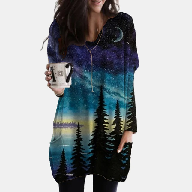 

New 2021v Collar Print Long Sleeve Top with Irregular Hem Woman Tshirts Harajuku Plus Size Vintage Embroidery Embroidery