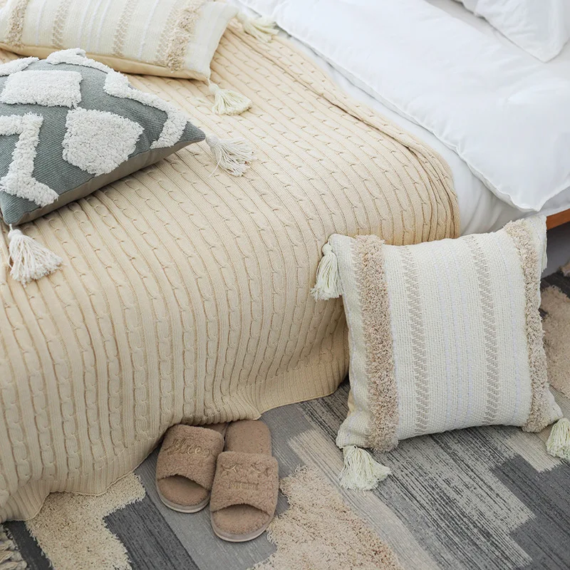 45x45 см cojines decorativos para sofa Morocco Геометрическая черно-белая ворсистая наволочка с кисточкой Рождественский чехол для подушки