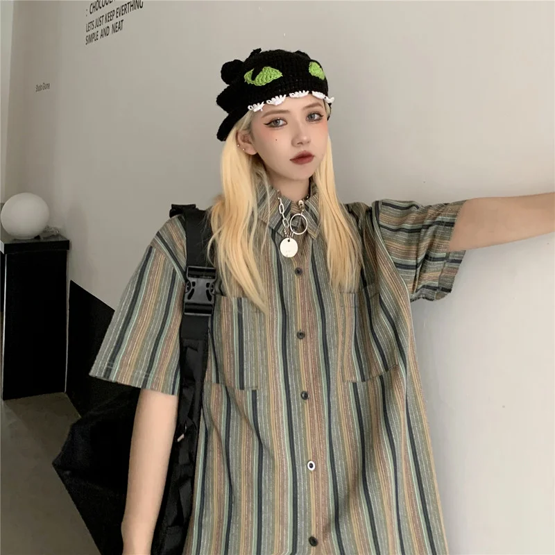 

Harajpoo Women Shirts Lovers Summer Korean Style Ins Retro Vertical Stripes Loose Casual Tooling Short-sleeved Female Tops Tide
