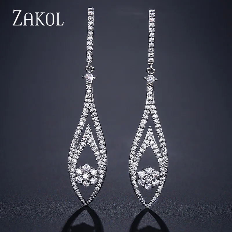 ZAKOL винтажные кубические циркониевые полые длинные висячие серьги белого цвета