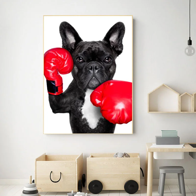 

Cartoon Puppy With Boxing Gloves Canvas Painting Animal Posters and Prints Wall Art Pictures for Children's Room Nordic Decor