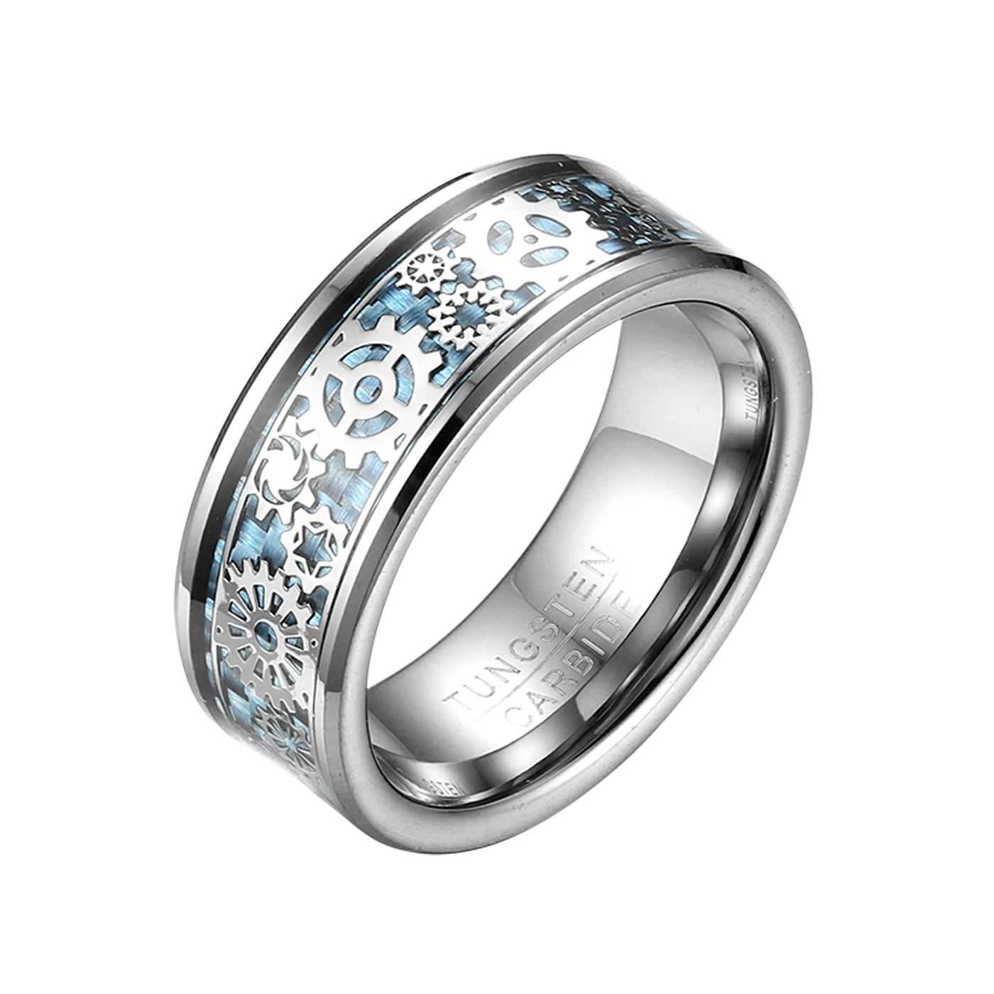 

BONISKISS New Arrival Men Women Wedding Band Mechanical Gear Wheel Tungsten Steel Ring Light Blue Carbon Fiber Inlay Ring Box