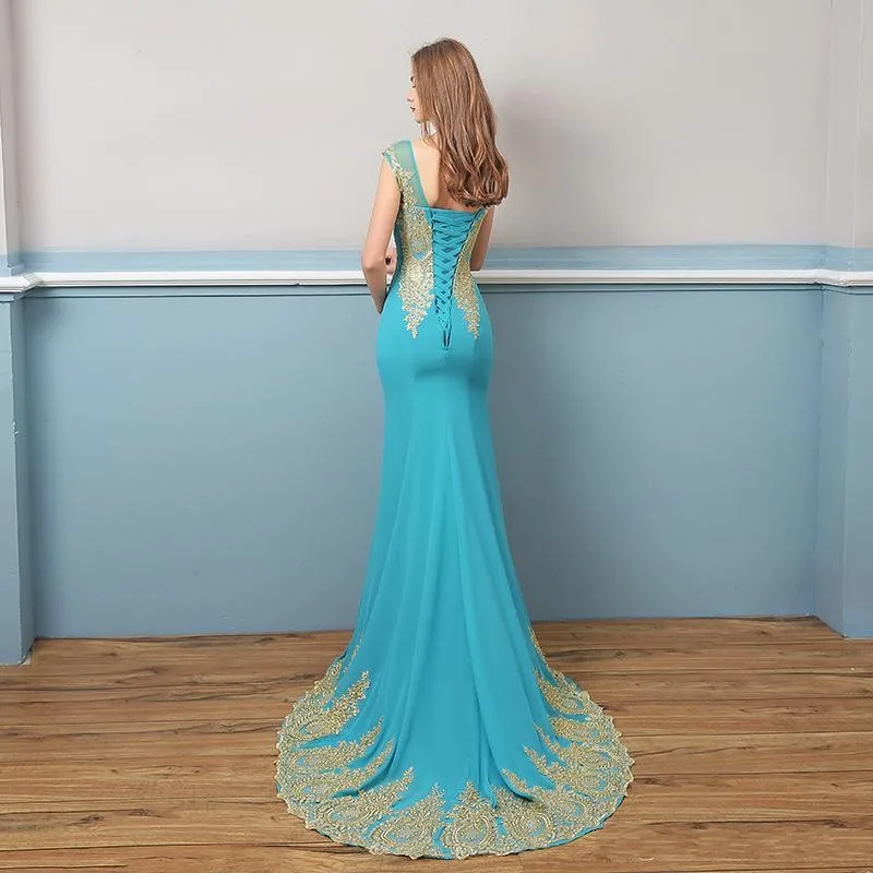Robe De Soiree элегантные Голубые Вечерние платья золотого цвета с кружевной