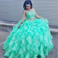 mint green ball gown two piece quinceanera dresses organza ruffles prom formal gowns beaded lace jewel quinceanera dresses