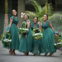 simple v neck green mermaid bridesmaid dresses tulle long sleeves wedding guest gowns custom made maid of honor gowns
