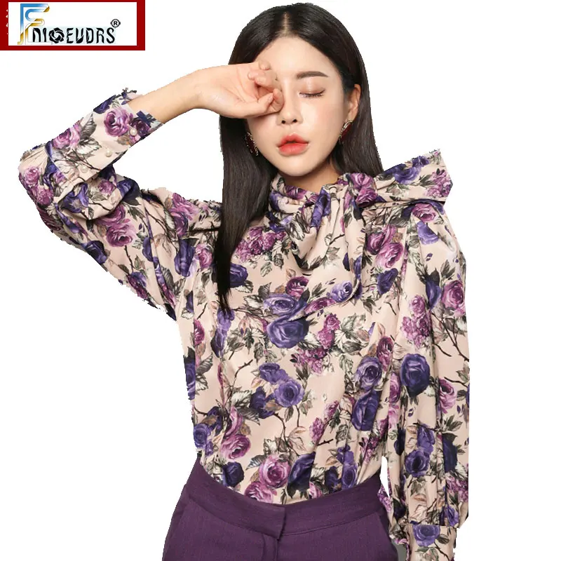 

Elegant Bow Ribbons Blouses Women 2020 New Korean Style Flower Floral Shirts OL Office Wear Fnioevdrs Halter Work Tops