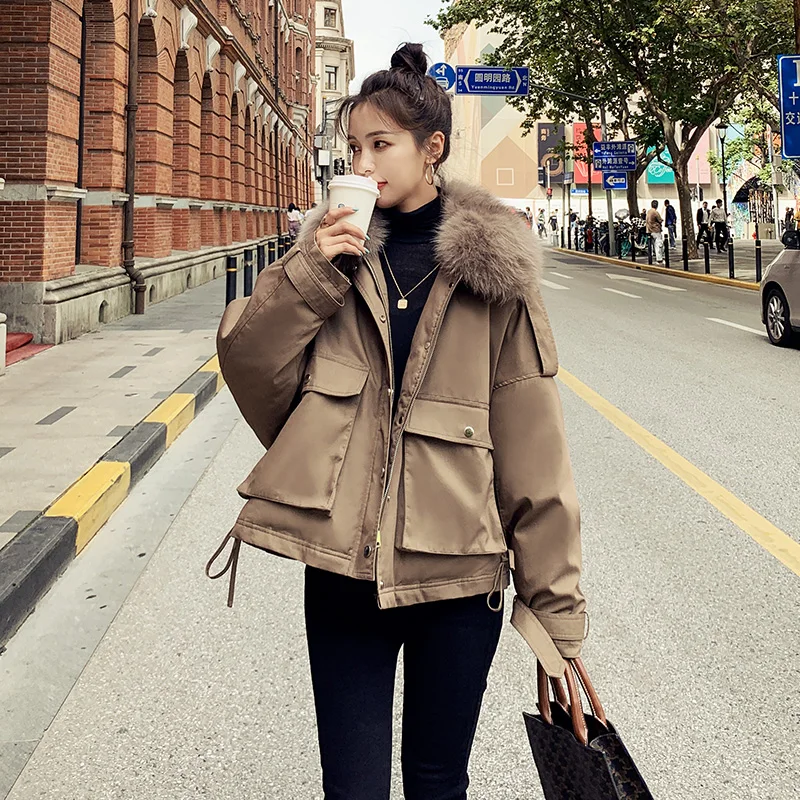 Real Fox Fur Collar Padded Jacket Winter Women Liner Plus Velvet Warm Parka Short Coats For Womans Korean Loose Outwear Mujer | Женская