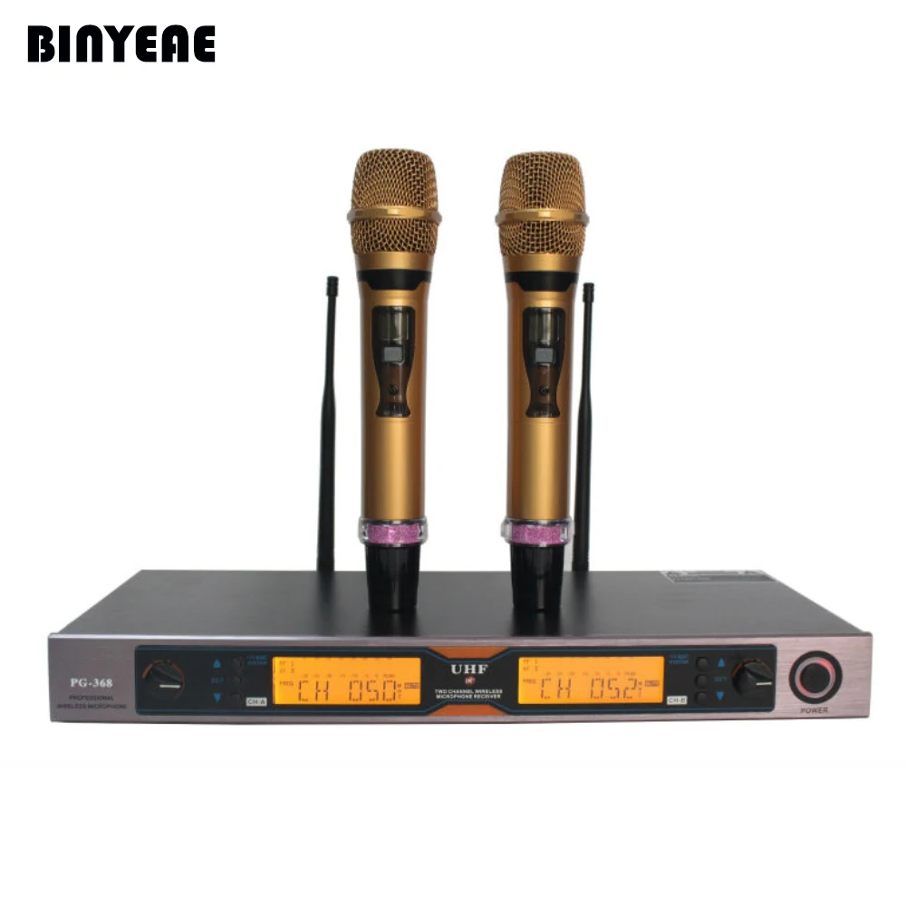 BINEAE PG-368 Dual Channel Dynamic Professional 2 Handheld Cordless Microphone for Home Theatre Karaoke Music System Gold Metal |