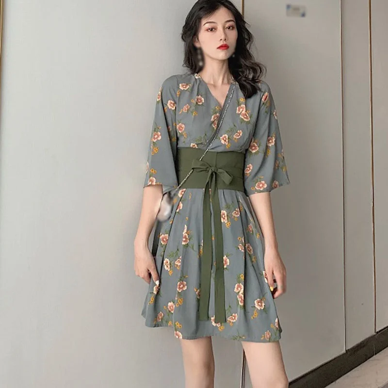 

Korean Long Floral Dress Women Sexy V Neck Slim High Waist Bandage Summer Ladies A Line Print Maxi Vestidos,
