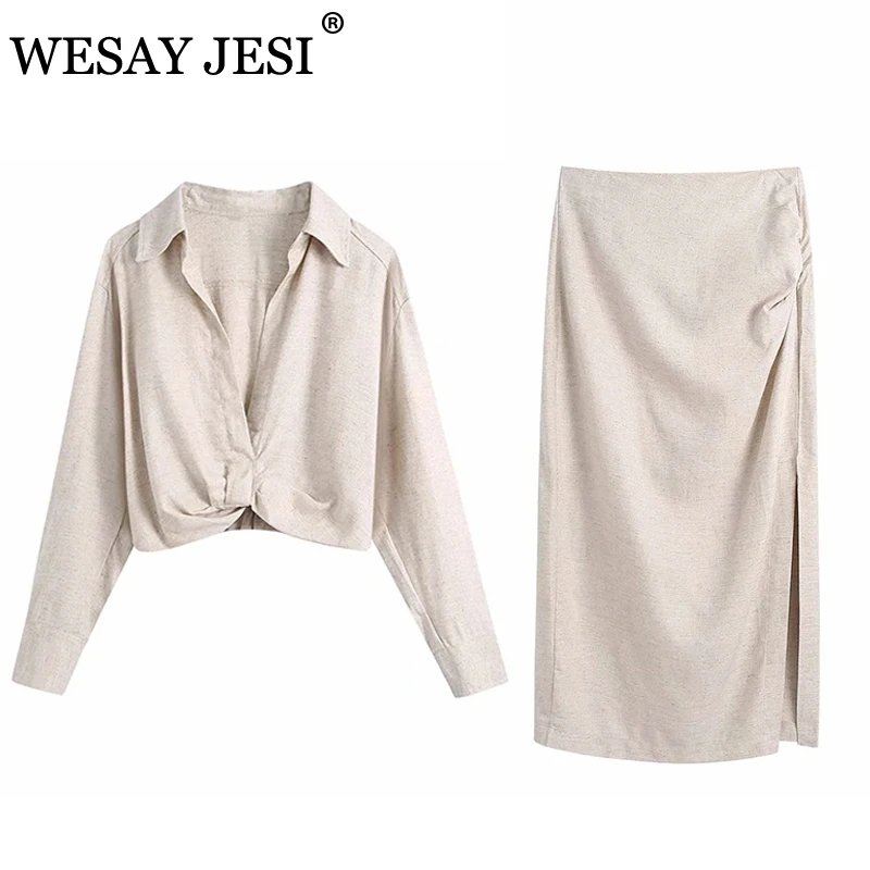

WESAY JESI Suits With Skirt Fashion Summer Long Sleeve Blouses Chic Woman Clothes High Waist Mid-Length Skirt Sets Office Lady