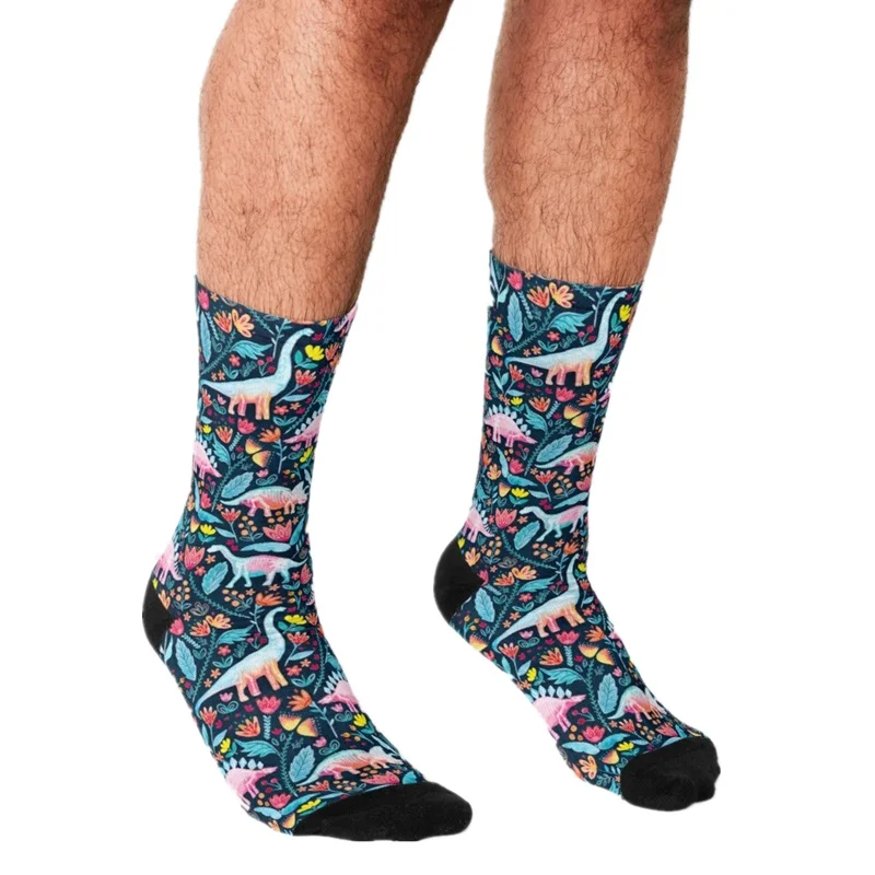 

Забавные мужские носки 2021, Счастливые Носки с рисунком динозавров и радостей в стиле хип-хоп, милые мужские сумасшедшие носки в уличном стил...