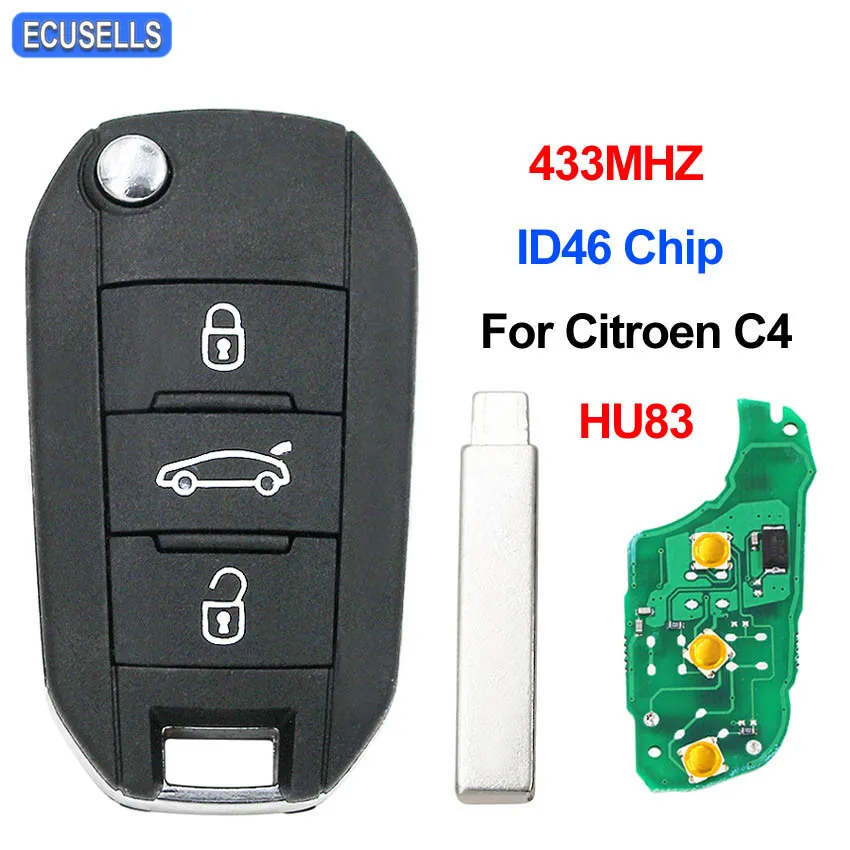 New Replacement 3 Button Folding Flip Remote Key Fob 433MHz ID46 PCF7941 Chip for Citroen C4 Elysee with HU83 Uncut Blade | Автомобили и
