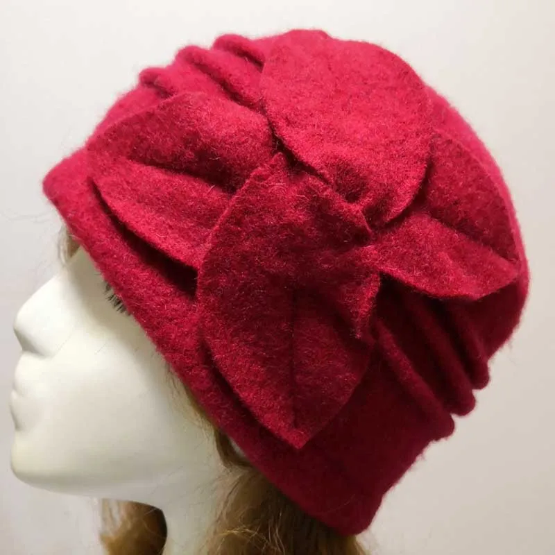 Red Женские шерстяные шапки на осень и зиму, чистая шерсть, теплые шапки, шапка-ведро, подарки для мамы, леди, цветок, фетровая шляпа - Цвет: Red