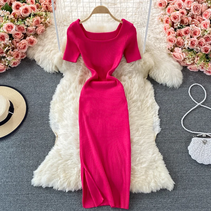 

2021 Summer Knit Bodycon Dress Women Solid Square Collar Short Sleeve Slim Stretch Side Split Midi Calf Casual Work Party Dress