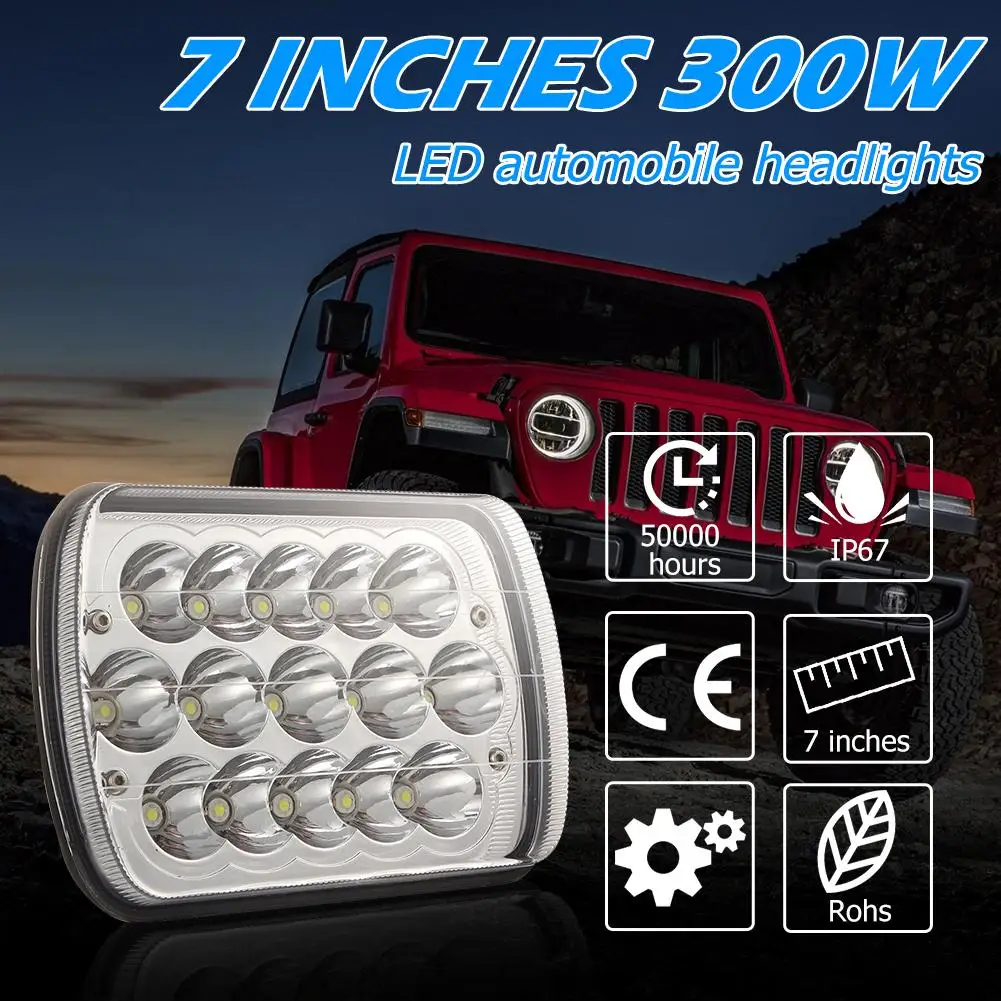 

300W 7x6 Rectangle LED Headlight Hi/Low Sealed Beam Headlamp for Wrangler Truck Humanized Installation of Removable Card