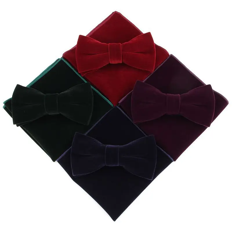 

Sitonjwly Mens Velvet Bowtie Handkerchief Set for Men Banquet Business Necktie Butterfly Pocket Square Towel Set Custom Logo