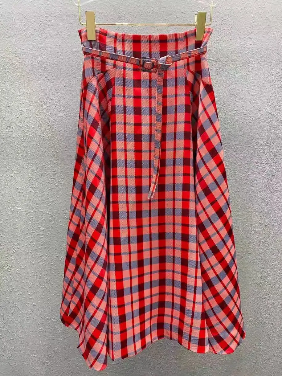 

Fyion Fashion Women Skirts 2021 Runway Luxury Famous Brand European Plaid Print Belt Design Midi Ladies Skirt