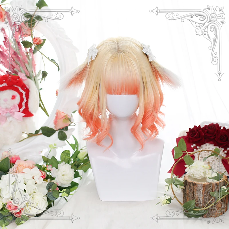 

Short Wavy Female Bangs Lolita Wig Golden Orange Gradual Change Bunny Animal Ear Women Slight Curly Wigs Cosplay Party