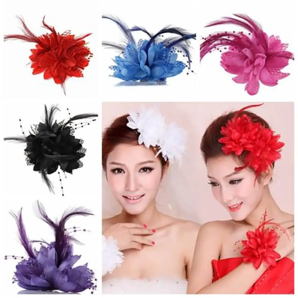 

Fashion Flower Feather Bead Corsage Hairband Pin Wedding Headwear Decor Gift Bride Headdress