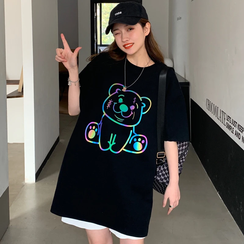 

Japanese Fashion Brand Reflective Bear Bottom Missing Short Sleeve T-shirt Women's Summer Korean Ins Loose Harajuku Style