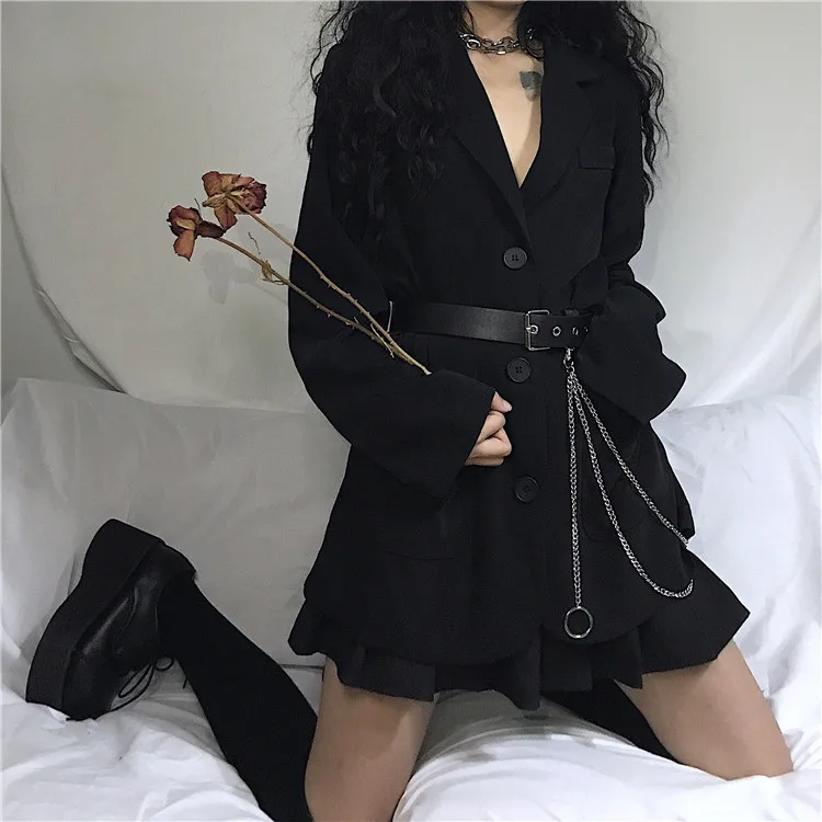 Harajuku Gothic Women Casual Jacket Autumn Long Sleeve Single-Breasted Black Coat With Chain Belt Punk Rock Topcoat Femme | Женская