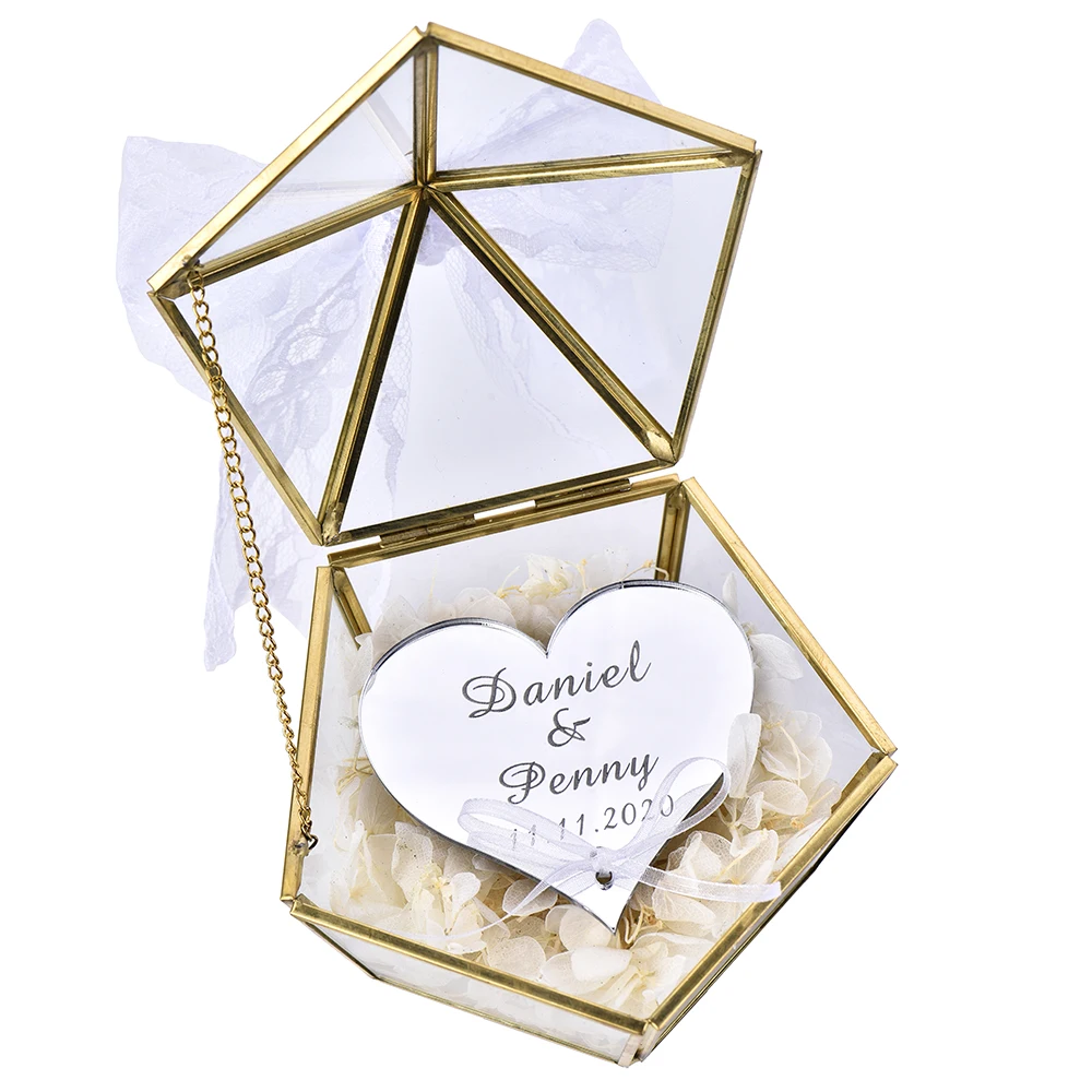 Personalized Ring Box Engraved Name Wedding Glass Pillow Jewelry Pentagon Geometric Copper Holder Customized Favor | Дом и сад