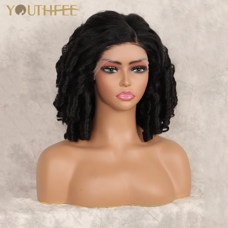 

Youthfee Lace Front Spring Curls Synthetic Wig With Baby Hair 16"Deep Curl Wigs For Black Women Black Side Part Lace Frontal Wig