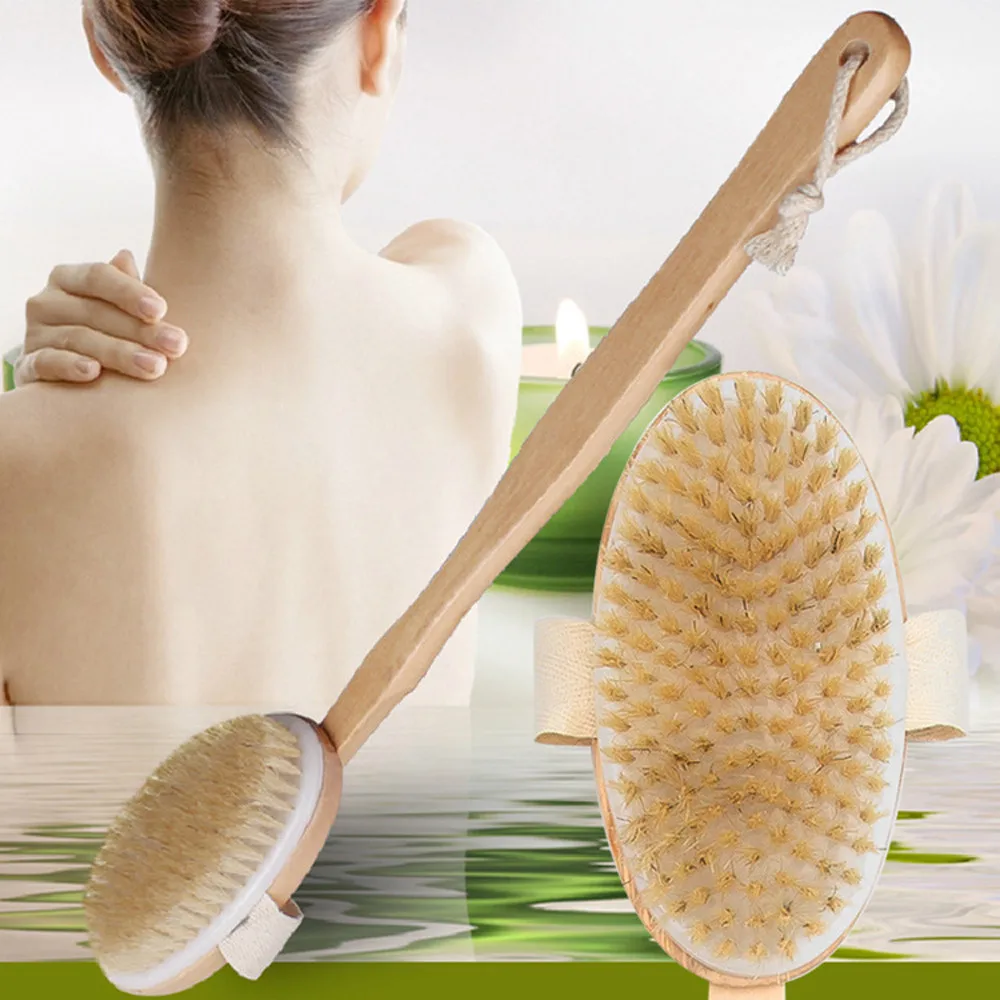 Wood Handle Bath Brush Long Reach Back Body Shower Bristle Scrubber Spa Bathroom Exfoliating Massager Products | Дом и сад