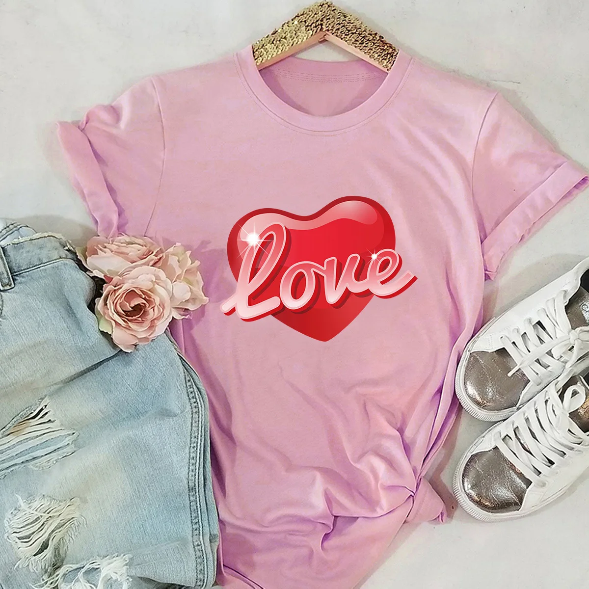 

Hot Style European and American Women's Tops Valentine's Day Love Short-sleeved Ladies T-shirts