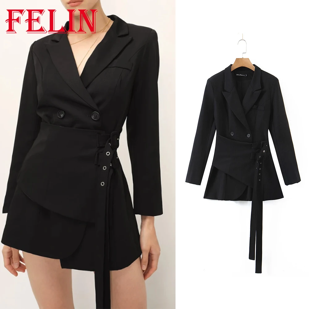 

Za 2021 Chic Black Office Lady Mini Blazer Dress Long Sleeve V Neck Double Button Sashes Dress Fashion Autumn Elegant Vestidos