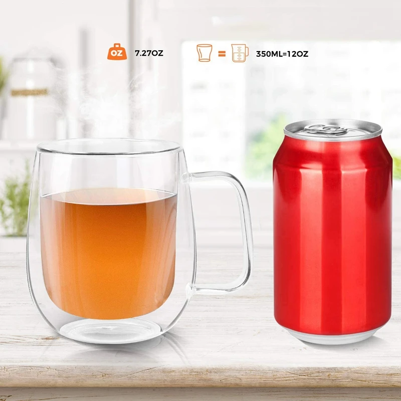 Promotion! Double Wall Gl Coffee Mugs Tea Cups Set of 2 Thermal Insulated and No Condensation with Wide Handle (300ML) | Дом и сад