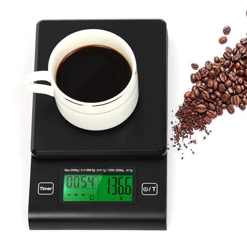 Hot Sale Digital Coffee Scale Multifunction Kitchen Food With Timer Temperature Probe Lcd Display Green Backlight 2000G/1G | Дом и сад