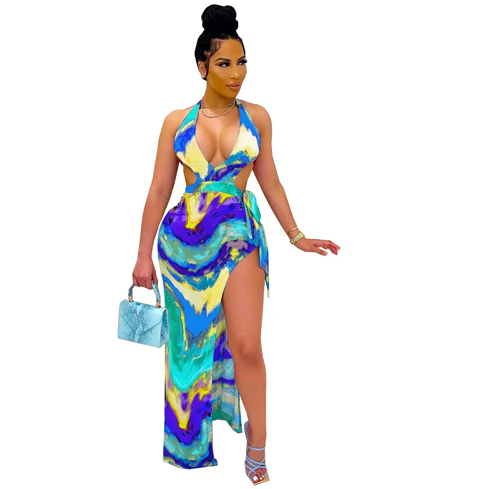 

Women Sexy Tie Dye Halter Neck Open Back Maxi Dress Beach High Side Slit Sleeveless Bodycon Midi Long Dresses