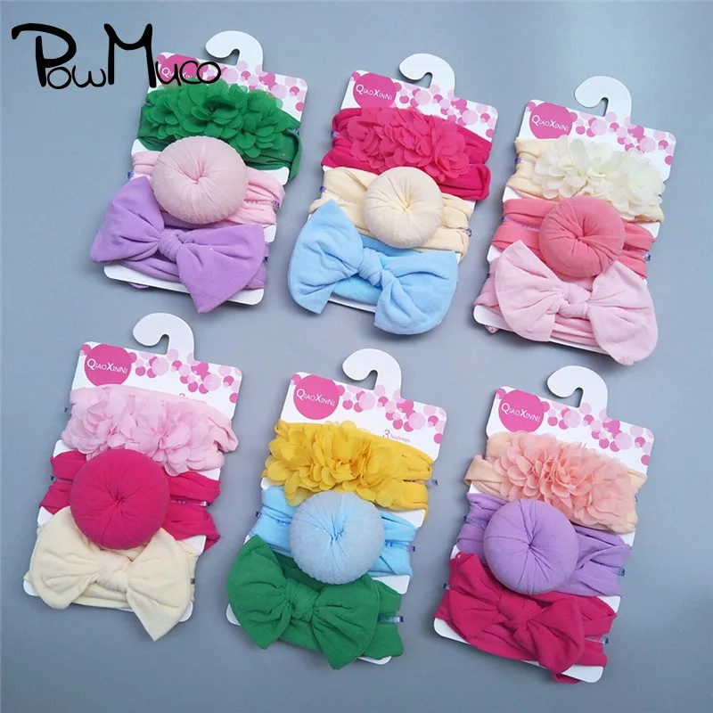 

Powmuco 3pcs/lot Solid Color Chiffon Flowers Elastic Headband Fashion Handmade Donut Infant Hairband Baby Bows Nylon Headwear