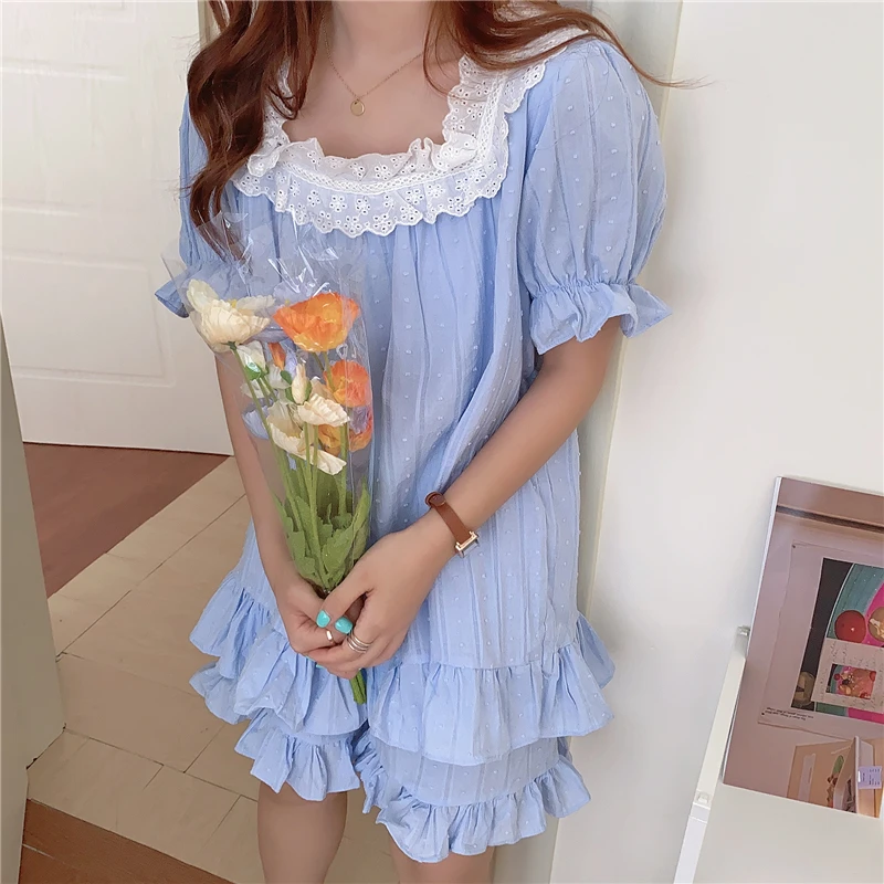 

Summer Pajamas Set WomenDot Lace Sleepwear Ladies Shorts Set Sweet Ruffles short sleeve 100% Cotton Square Collar Homewear