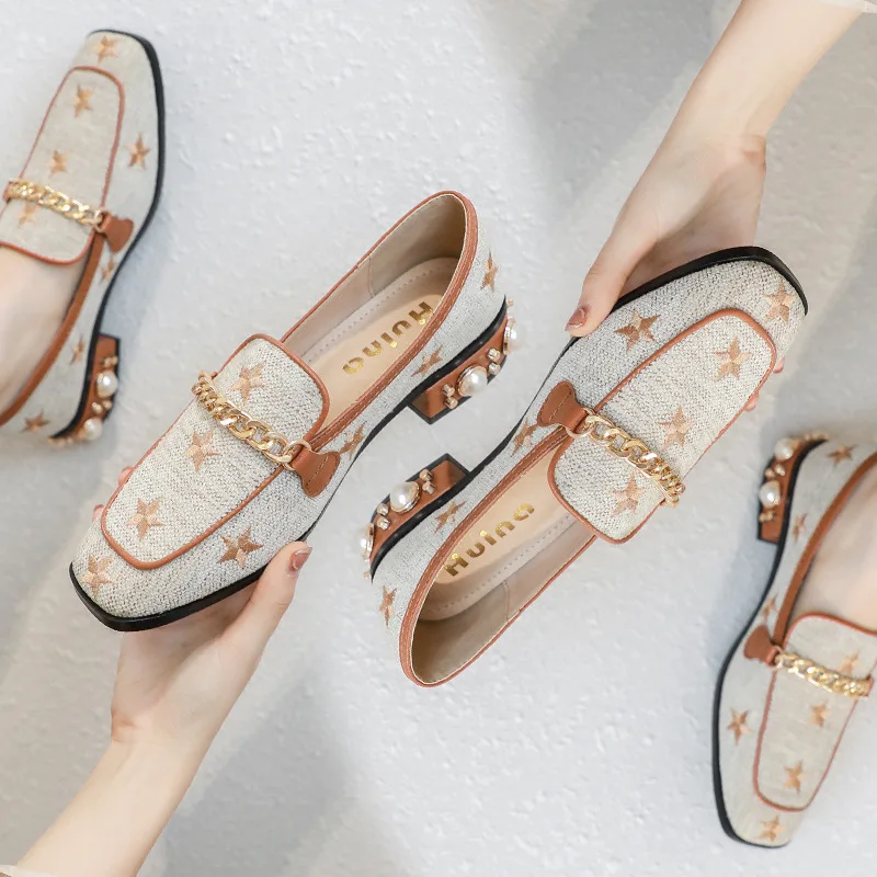 

Woman High Heel Shoe 2020 Spring New Female Crew Cut Toe Casaul Shoe Comfortable Loafers Shoes Stars and Chain Link Deco