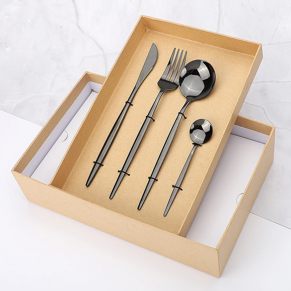 

24Pcs Black Dinnerware Set Bright Stainless Steel Cutlery Set Dinner Knife Fork Spoon Flatware Cutlery Set Gift Box Dropshipping