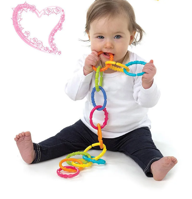 

HOT 6pcs/set Baby Toys 0-12 Months Rainbow QQ Kids Molars Ring Teether Activity Teddy Chain Clutch Ring Apron Squishy Gift Doll