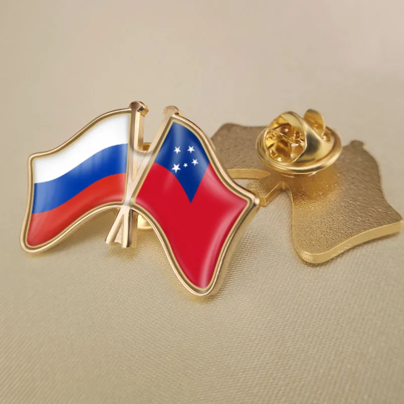 

Russian Federation and Samoa Crossed Double Friendship Flags Lapel Pins Brooch Badges