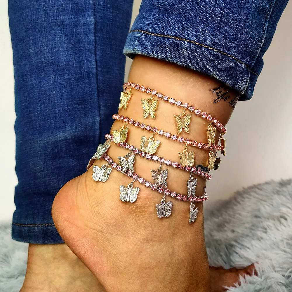 

INS Pink Crystal Rhinestone Butterfly Tennis Anklets Ankle Chain Women Gold Silver Color Metal Butterfly Anklet Barefoot Jewelry