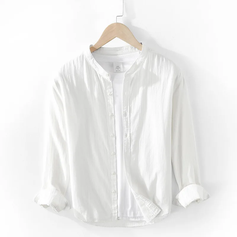 

Hot Sale 2021 Spring Autumn New Men's Double-layer Cotton Yarn Shirt Soft Casual Loose Stand-up Collar Pure Cotton Thin Shirt