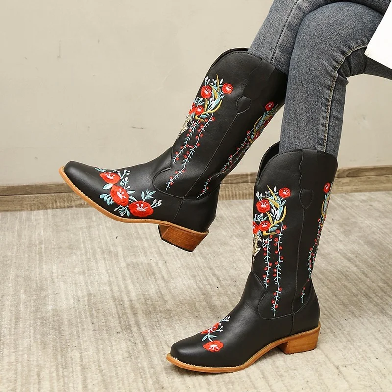 

2021 New Square Toe Autumn Winter Black Brown Big Size Women Shoes Women's National Style Retro Embroidered Western Cowboy Boots