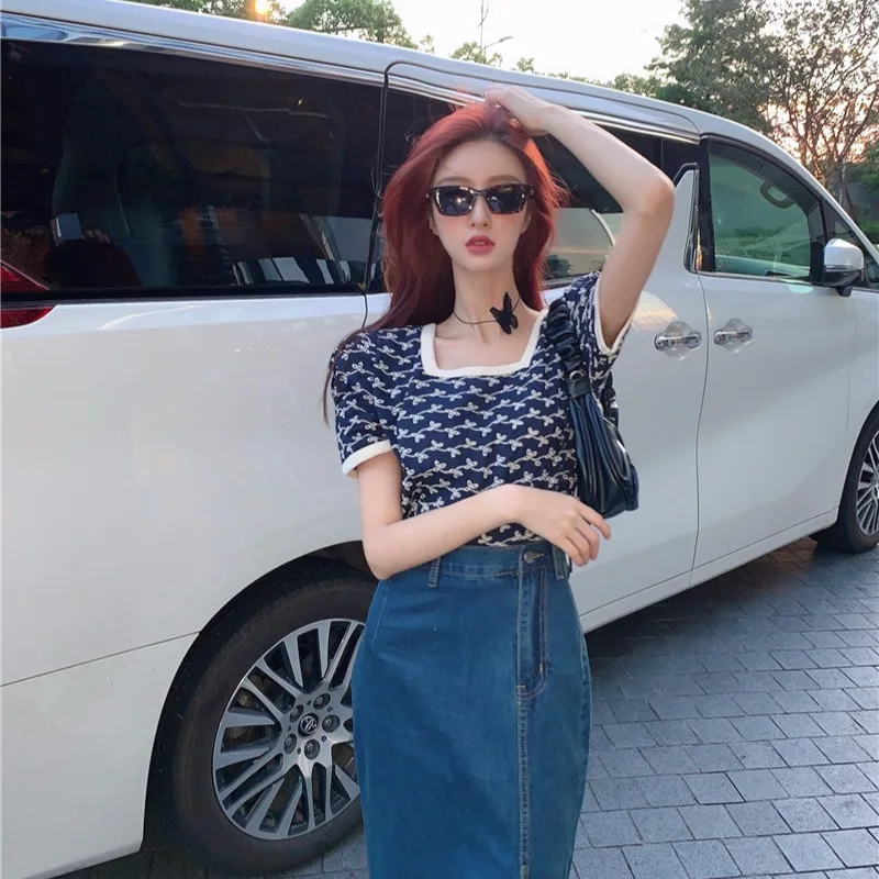 

Casual Fashion Hong Kong Style Suit Sexy Slit Denim Skirt Women's Retro Chic Square Collar Short Top Two-Piece Set