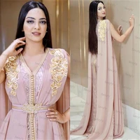 dubai abaya kaftan pink evening dresses 2021 sexy v neck chiffon gold applique beaded long prom dress moroccan formal party gown
