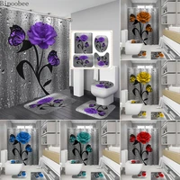 bipoobee rose butterfly 3d print bathroom set shower curtain and rug sets raindrop flower anti slip carpet flannel bath mat